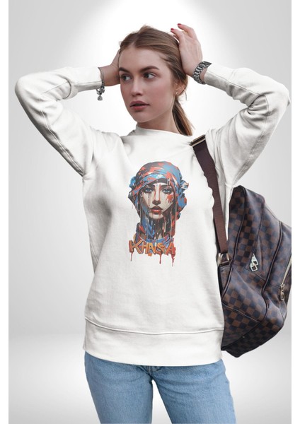 Khansa Eşarp Kadın Tasarımı Kadın Erkek Beyaz Baskılı Sweatshirt