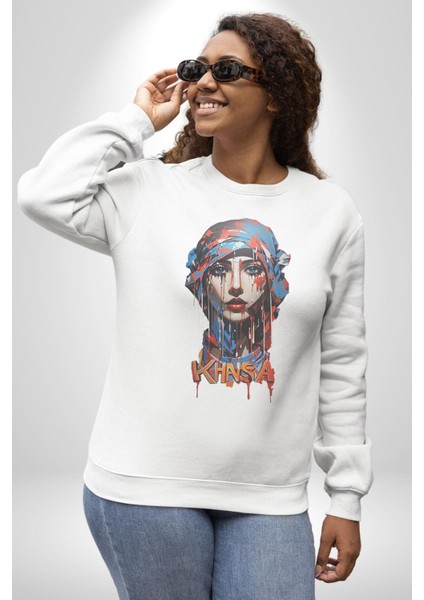 Khansa Eşarp Kadın Tasarımı Kadın Erkek Beyaz Baskılı Sweatshirt