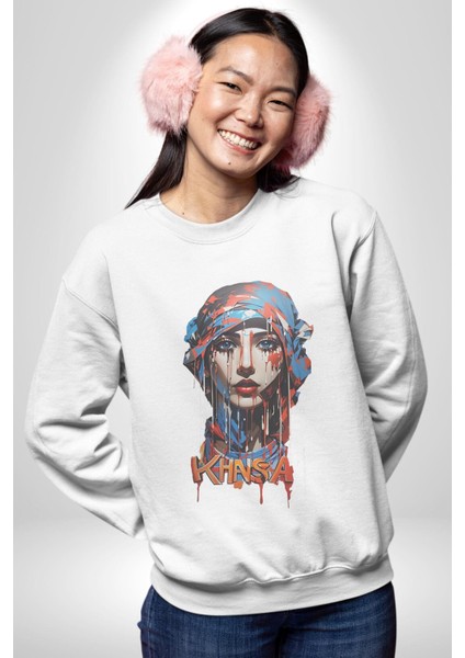 Khansa Eşarp Kadın Tasarımı Kadın Erkek Beyaz Baskılı Sweatshirt
