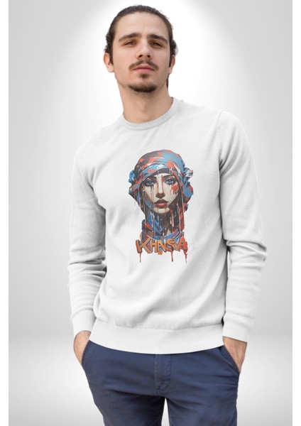 Khansa Eşarp Kadın Tasarımı Kadın Erkek Beyaz Baskılı Sweatshirt