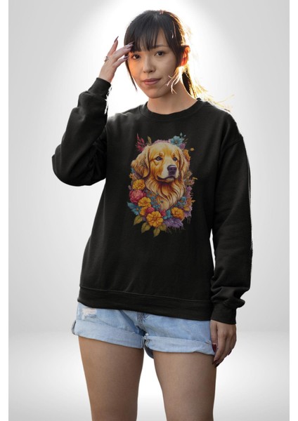 Golden Çiçekli Baby Face Kadın Erkek Siyah Baskılı Sweatshirt