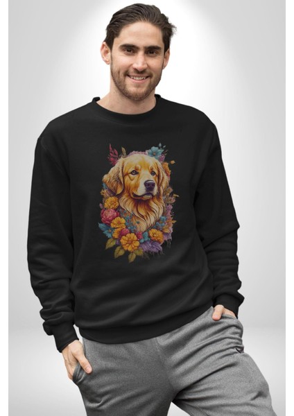 Golden Çiçekli Baby Face Kadın Erkek Siyah Baskılı Sweatshirt
