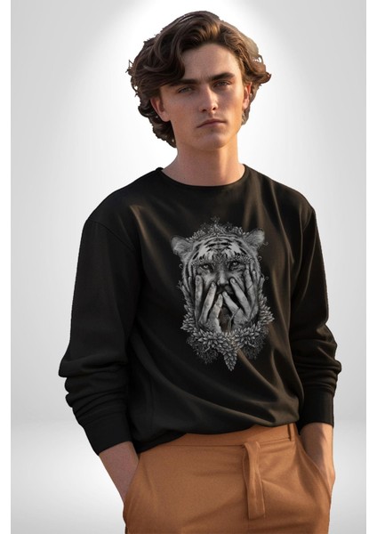 Yarım Insan Yarım Leopar Mutant Leopar Kral Kadın Erkek  Siyah Baskılı Sweatshirt