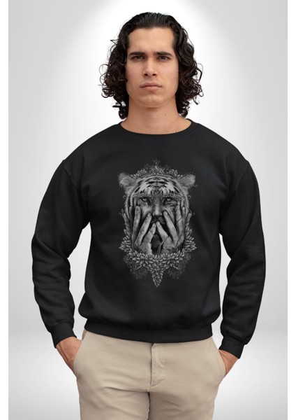 Yarım Insan Yarım Leopar Mutant Leopar Kral Kadın Erkek  Siyah Baskılı Sweatshirt