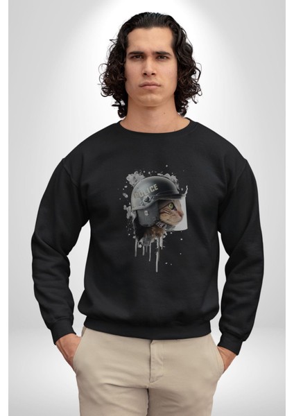 Kaket Polis Kedi Kadın Erkek Siyah Baskılı Sweatshirt