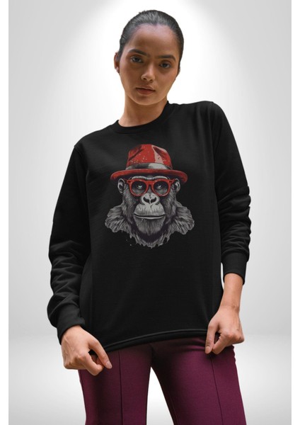 Kırmızı Şapkalı Gözlüklü Maymun Kadın Erkek Siyah Baskılı Sweatshirt fiyatları