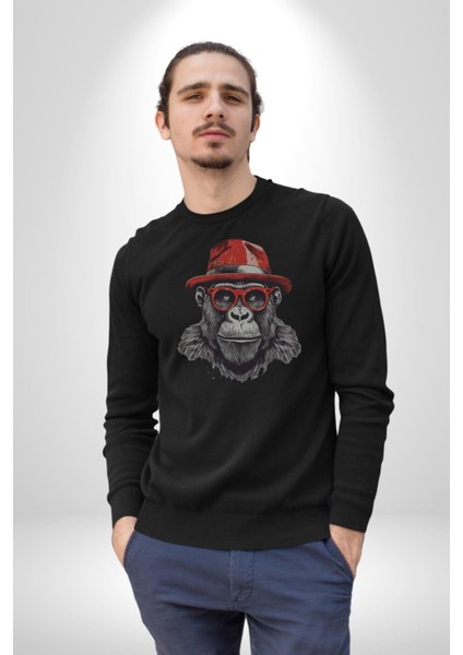 Kırmızı Şapkalı Gözlüklü Maymun Kadın Erkek Siyah Baskılı Sweatshirt fırsatları
