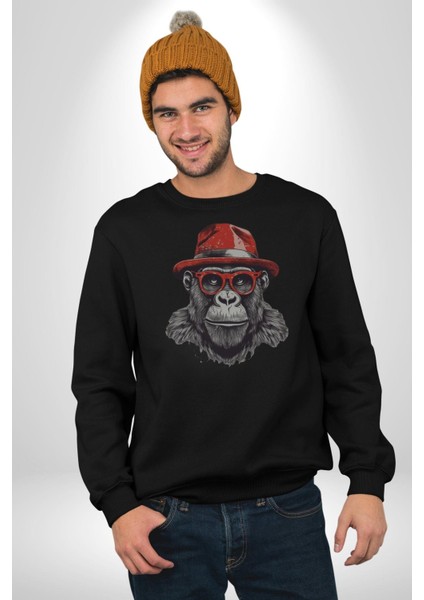 Kırmızı Şapkalı Gözlüklü Maymun Kadın Erkek Siyah Baskılı Sweatshirt indirimleri