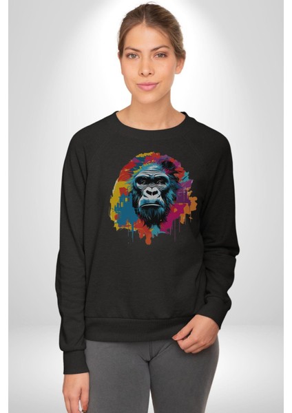 Renkli Maymun Goril Kadın Erkek Siyah Baskılı Sweatshirt