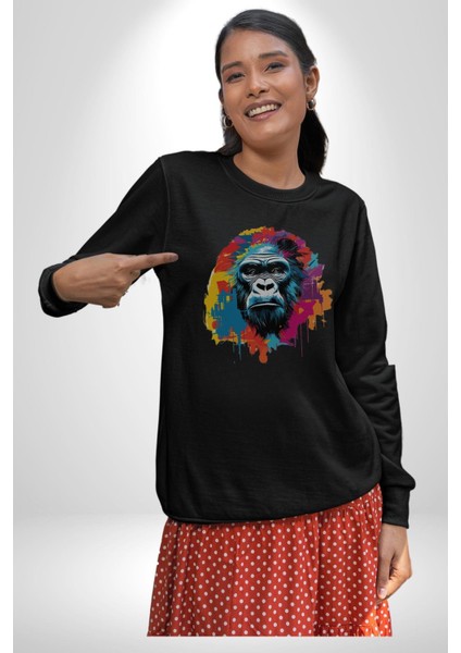 Renkli Maymun Goril Kadın Erkek Siyah Baskılı Sweatshirt fiyatları