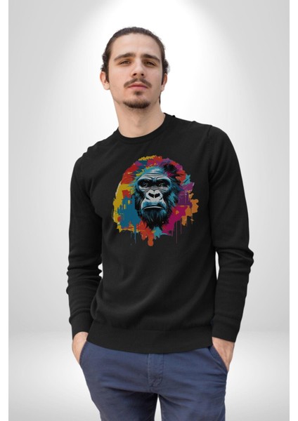 Renkli Maymun Goril Kadın Erkek Siyah Baskılı Sweatshirt modelleri