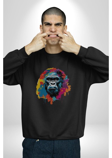 Renkli Maymun Goril Kadın Erkek Siyah Baskılı Sweatshirt indirimleri