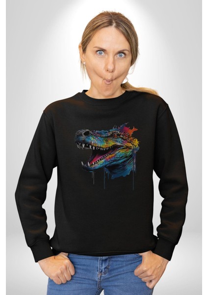Timsah Renkli Kafası Kadın Erkek Siyah Baskılı Sweatshirt