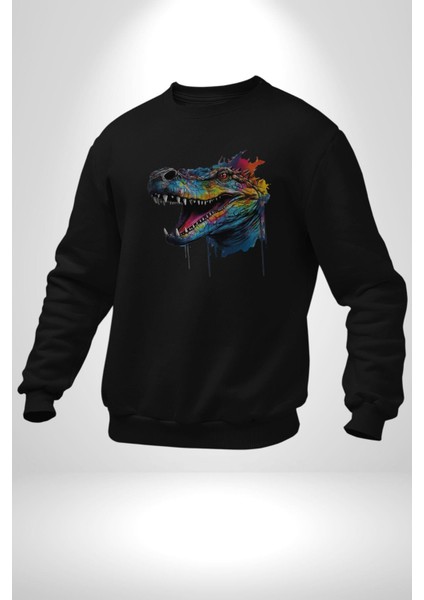 Timsah Renkli Kafası Kadın Erkek Siyah Baskılı Sweatshirt