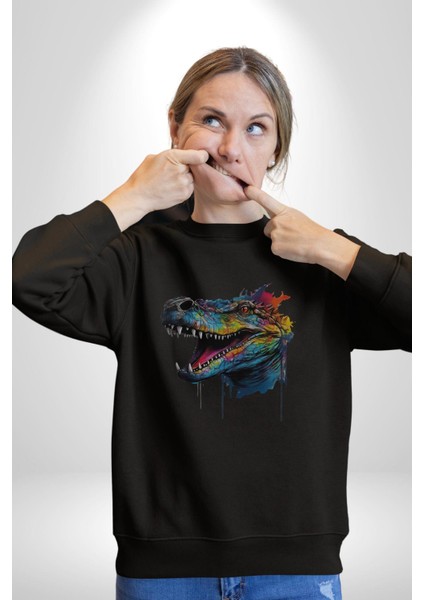 Timsah Renkli Kafası Kadın Erkek Siyah Baskılı Sweatshirt