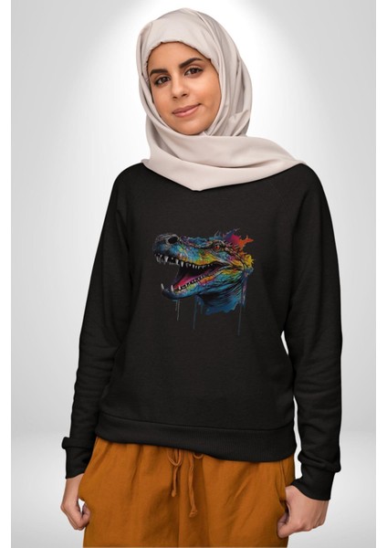 Timsah Renkli Kafası Kadın Erkek Siyah Baskılı Sweatshirt