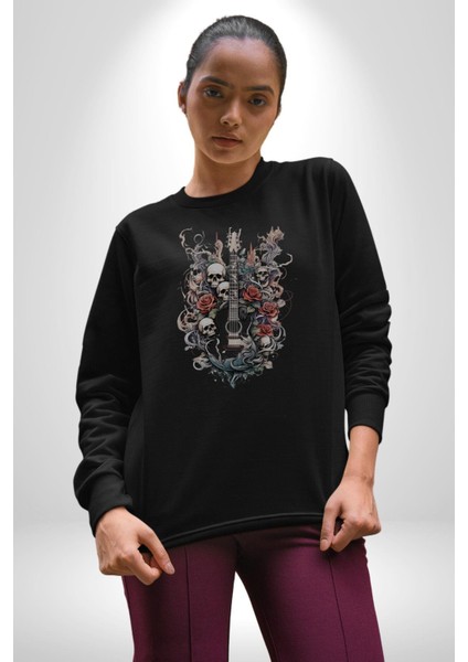 Gitar Kafatası Güller Doğa Uyumu Kadın Erkek Siyah Baskılı Sweatshirt fiyatları