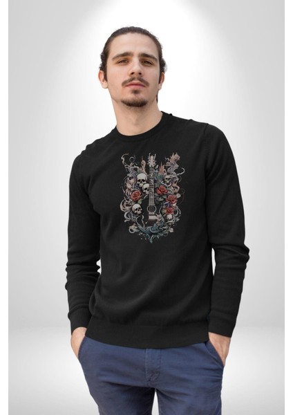 Gitar Kafatası Güller Doğa Uyumu Kadın Erkek Siyah Baskılı Sweatshirt modelleri