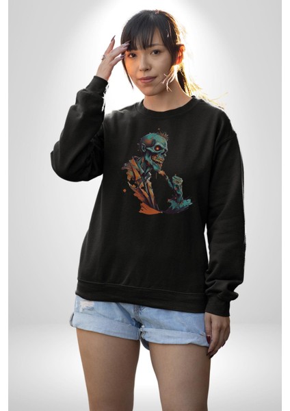Zombi Iskelet Kendine Yumruk Kadın Erkek Siyah Baskılı Sweatshirt
