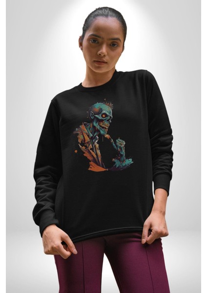 Zombi Iskelet Kendine Yumruk Kadın Erkek Siyah Baskılı Sweatshirt