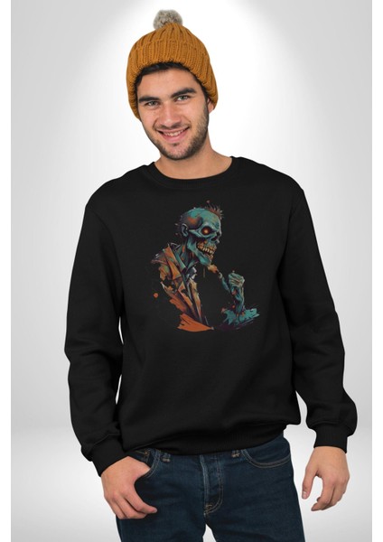 Zombi Iskelet Kendine Yumruk Kadın Erkek Siyah Baskılı Sweatshirt