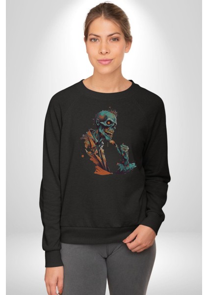 Zombi Iskelet Kendine Yumruk Kadın Erkek Siyah Baskılı Sweatshirt