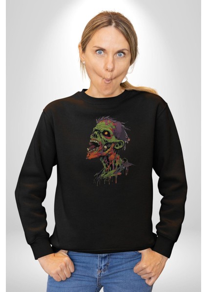 Zombi Kafası Kadın Erkek Siyah Baskılı Sweatshirt