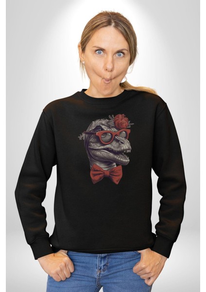 Kırmızı Gözlük Papyon Dinazor Kadın Erkek Siyah Baskılı Sweatshirt fırsatları