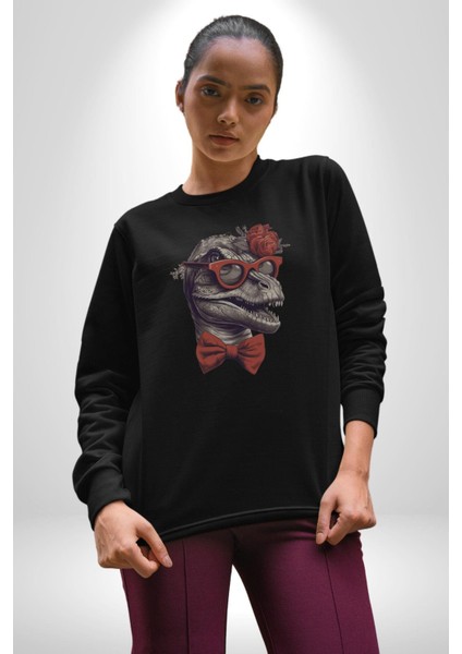 Kırmızı Gözlük Papyon Dinazor Kadın Erkek Siyah Baskılı Sweatshirt indirimleri