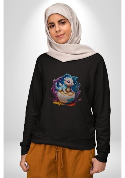 Sevimli Bebek Ejderha Elmas Yumurta Kadın Erkek Siyah Baskılı Sweatshirt