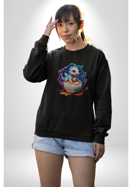 Sevimli Bebek Ejderha Elmas Yumurta Kadın Erkek Siyah Baskılı Sweatshirt