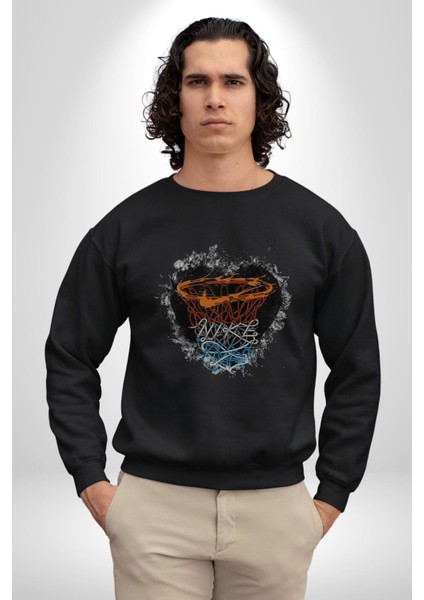 Basketbol Potası Bulutlu Siyah Kadın Erkek Siyah Baskılı Sweatshirt