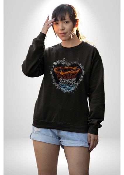 Basketbol Potası Bulutlu Siyah Kadın Erkek Siyah Baskılı Sweatshirt modelleri