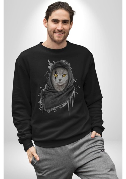 Safari Kedi Şal Eşarp Kadın Erkek Siyah Baskılı Sweatshirt