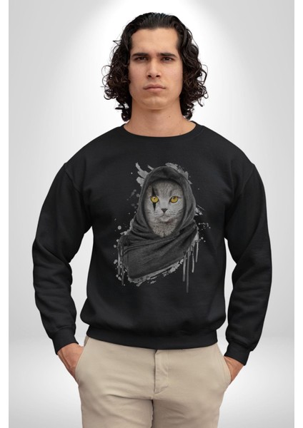 Safari Kedi Şal Eşarp Kadın Erkek Siyah Baskılı Sweatshirt