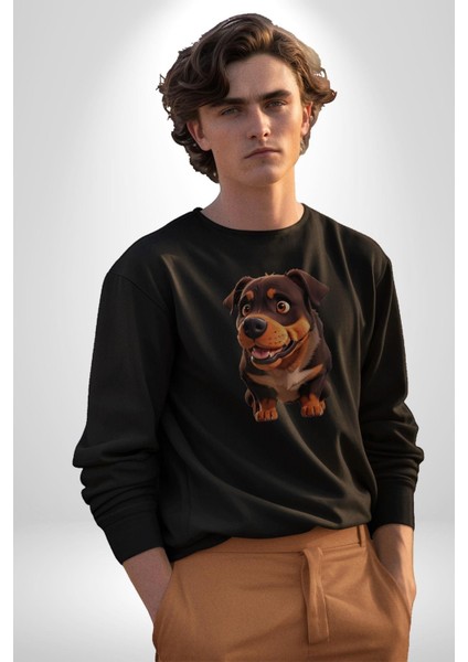 Sevimli Çoban Köpeği Kadın Erkek Siyah Baskılı Sweatshirt indirimleri