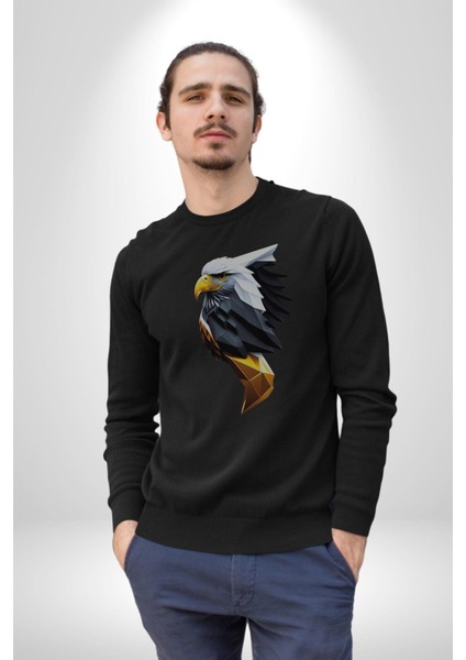 Yapay Zeka Kartal Kuş Tasarımı Kadın Erkek Siyah Baskılı Sweatshirt