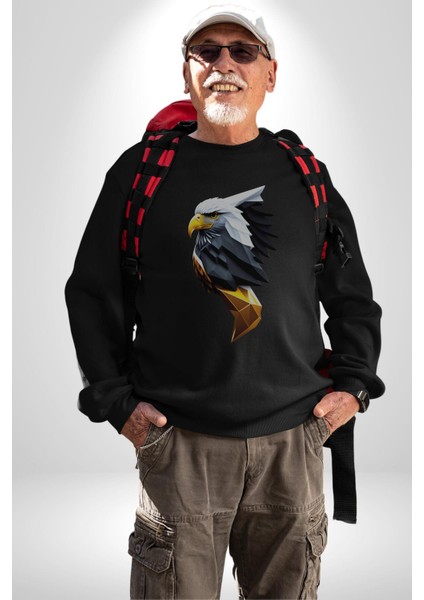 Yapay Zeka Kartal Kuş Tasarımı Kadın Erkek Siyah Baskılı Sweatshirt