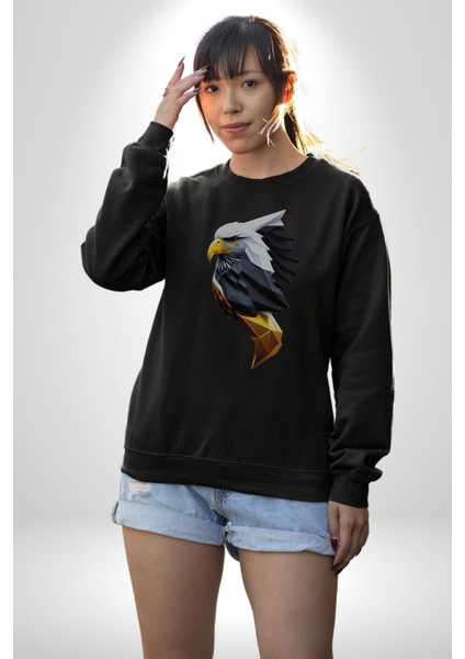 Yapay Zeka Kartal Kuş Tasarımı Kadın Erkek Siyah Baskılı Sweatshirt