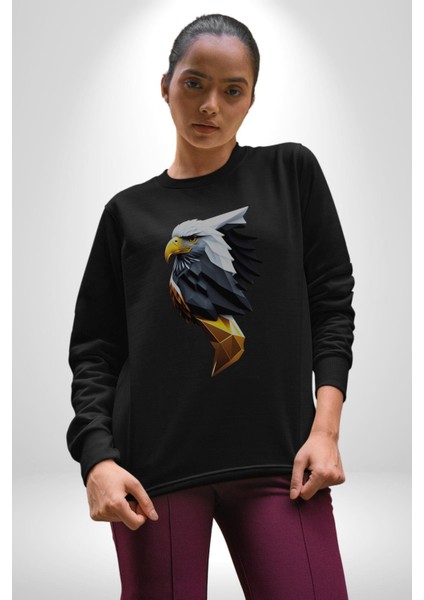 Yapay Zeka Kartal Kuş Tasarımı Kadın Erkek Siyah Baskılı Sweatshirt