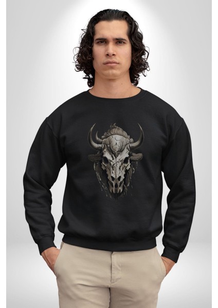 Bizon Inek Kafatası Kurumuş Kadın Erkek Siyah Baskılı Sweatshirt fırsatları