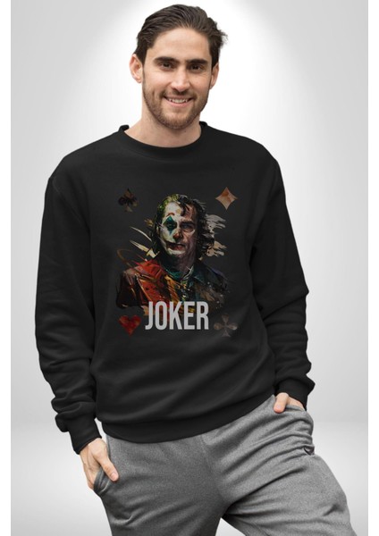 Joker Poker Suluboya Iskambil Kartı Kadın Erkek  Siyah Baskılı Sweatshirt