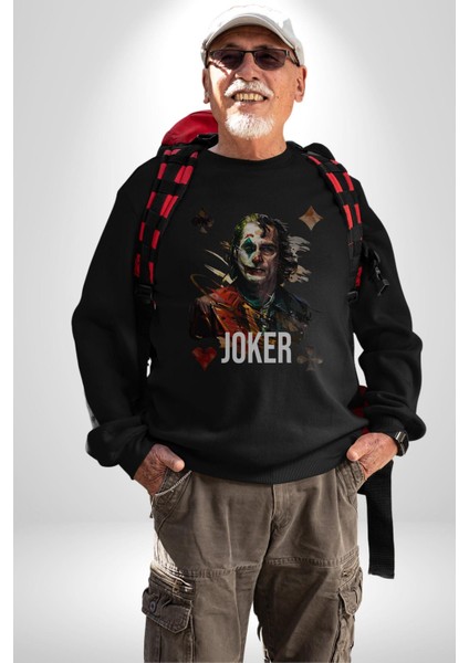 Joker Poker Suluboya Iskambil Kartı Kadın Erkek  Siyah Baskılı Sweatshirt