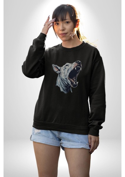 Bull Terier Köpek Havlama Kadın Erkek Siyah Baskılı Sweatshirt