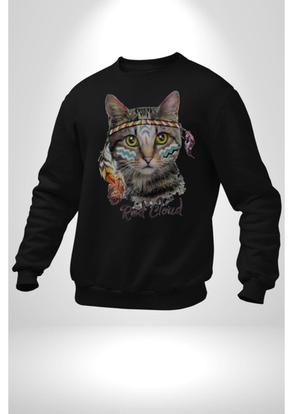 Red Cloud Kedi Hintli Kadın Erkek  Siyah Baskılı Sweatshirt