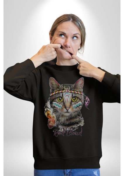 Red Cloud Kedi Hintli Kadın Erkek  Siyah Baskılı Sweatshirt