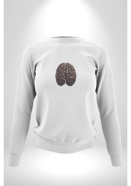 Kuru Kahve Çekirdeği Beyin Kadın Erkek Beyaz Baskılı Sweatshirt