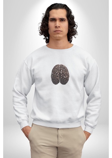 Kuru Kahve Çekirdeği Beyin Kadın Erkek Beyaz Baskılı Sweatshirt fiyatları
