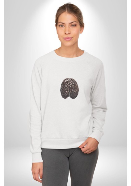 Kuru Kahve Çekirdeği Beyin Kadın Erkek Beyaz Baskılı Sweatshirt modelleri