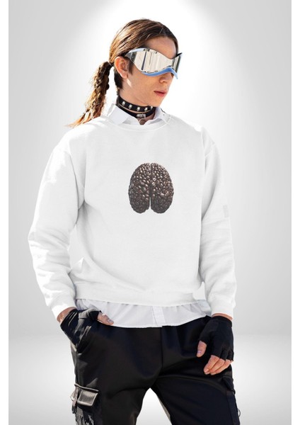 Kuru Kahve Çekirdeği Beyin Kadın Erkek Beyaz Baskılı Sweatshirt fırsatları